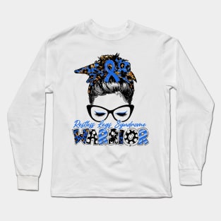 Restless Legs Syndrome Awareness Warrior Women Glasse Messy Bun Leopard Bandana - Happy Mothers Day, Valentines Day Long Sleeve T-Shirt